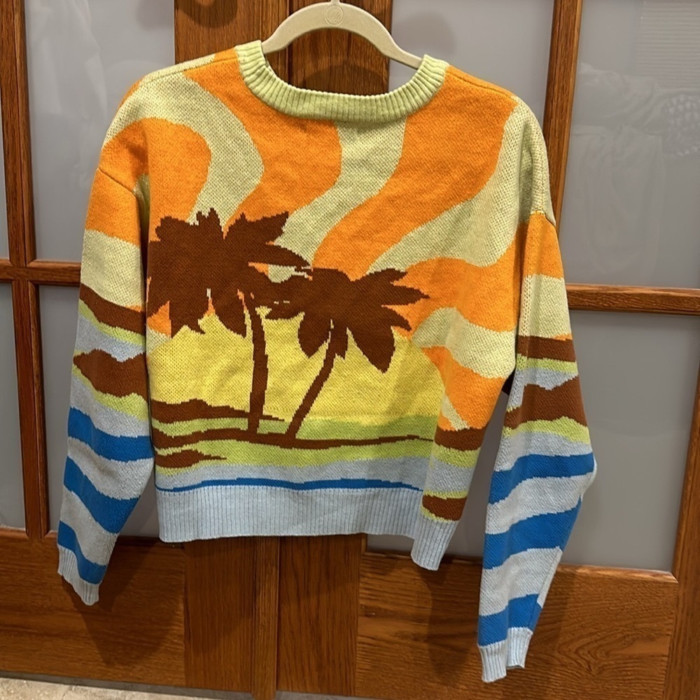 PacSun Tropical Sunset Multicolor Allover Graphic Crewneck Crop Sweater-… - Picture 2 of 16
